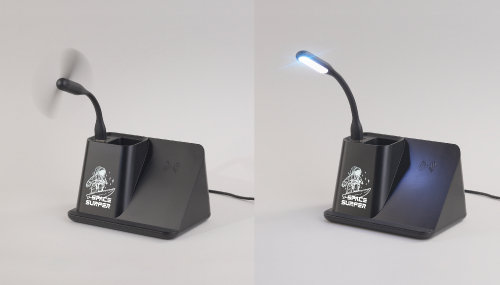 Карандашница "Black Star" с беспроводным (10W) зарядным устройством, вентилятором и лампой, с подсветкой логотипа, черный