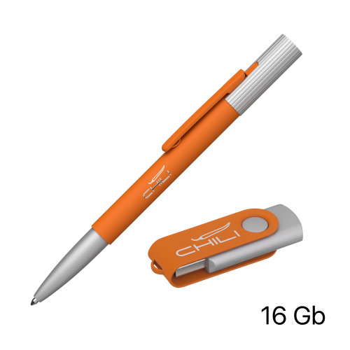Набор ручка "Clas" + флеш-карта "Vostok" 16 Гб в футляре, покрытие soft touch, оранжевый