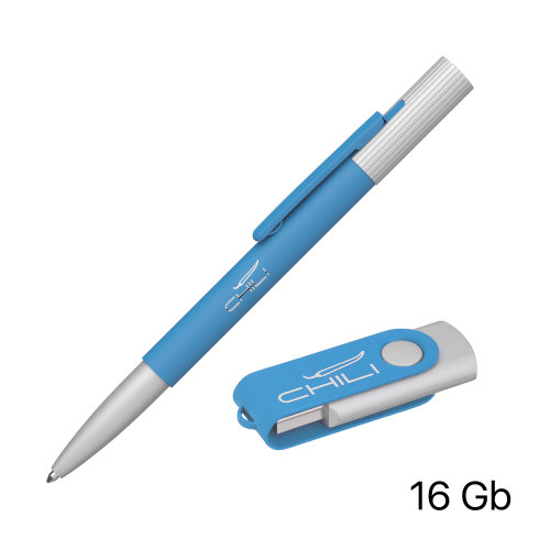 Набор ручка "Clas" + флеш-карта "Vostok" 16 Гб в футляре, покрытие soft touch, голубой